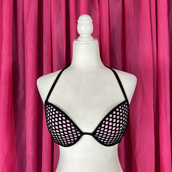 Victoria's Secret pink and black mesh halter bikini top, 34D - Picture 1 of 8